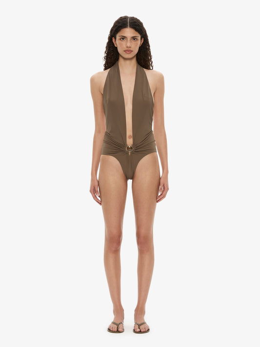 Image of Swimwear. Product name - Mineral Stone Ruched Halter One Piece in Piece colour by brand - Christopher Esber