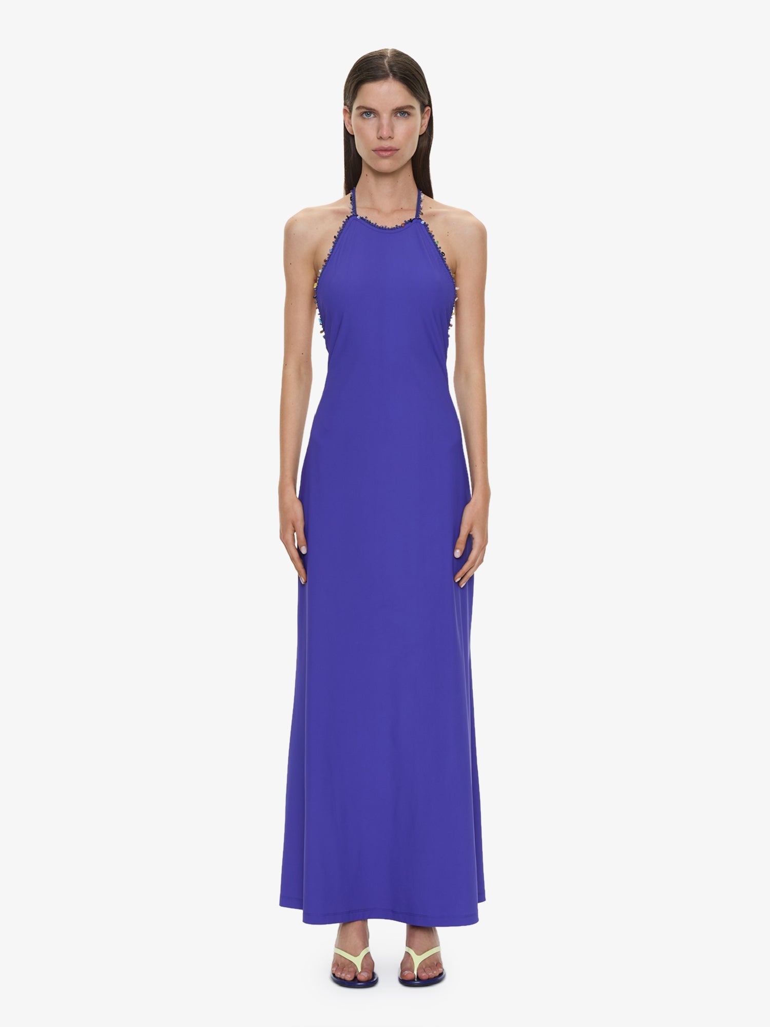 Image of Dresses. Product name - Beach Quartz Halter Lycra Dress in Indigo colour by brand - CHRISTOPHER ESBER