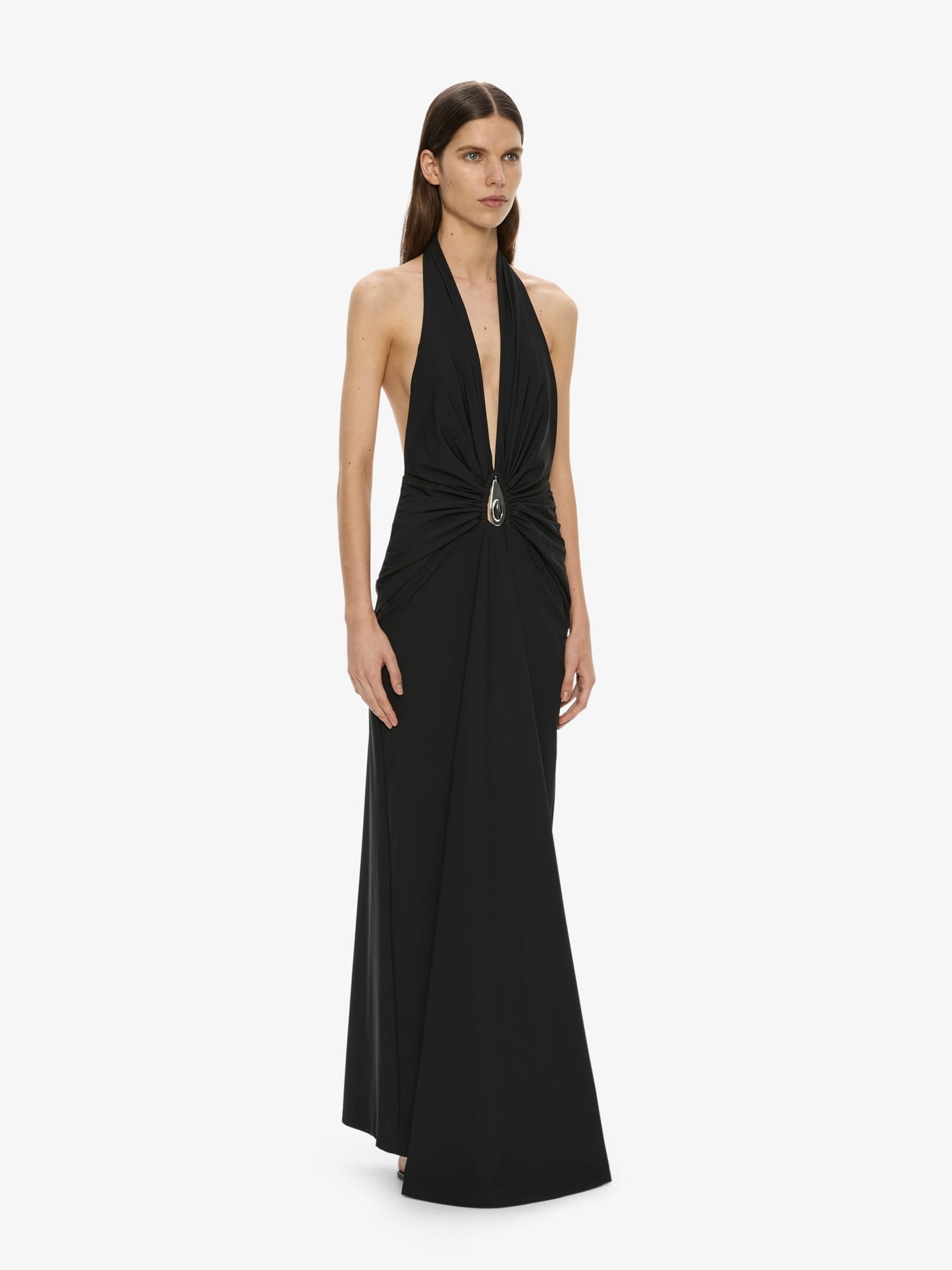 CHRISTOPHER ESBER Crystal Pendant Ruched Lycra Halter Dress (Black)