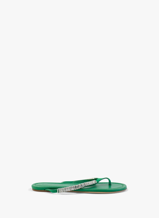 Image of Sandals. Productname: CHRISTOPHER ESBER Frida Pierced Suede Flip Flop in Malachite colour by brand - CHRISTOPHER ESBER