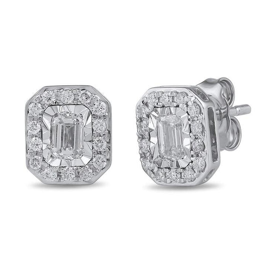 Image of Earrings. Product name - Emerald Solitaire and Halo Stud Earrings with 0.50tw of Laboratory-Grown Diamonds in 9kt White Gold in colour by brand - Bevilles