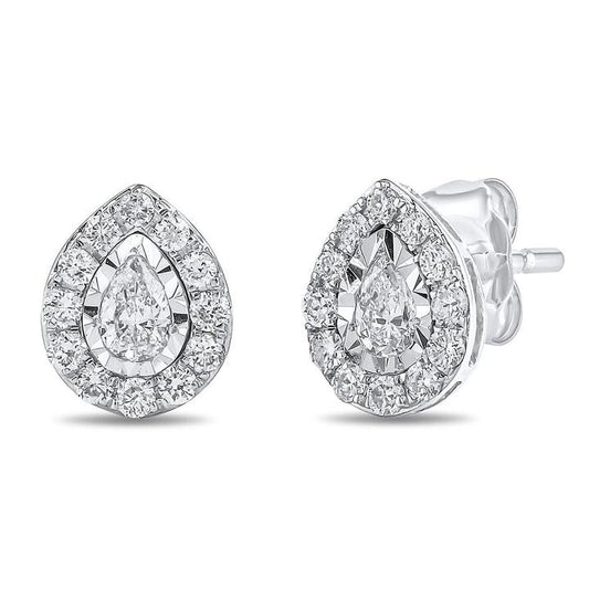 Image of Earrings. Productname: Meera Pear Halo Stud Earrings with 0.35ct of Laboratory Grown Diamonds in 9kt Yellow Gold in Diamond colour by brand - Bevilles
