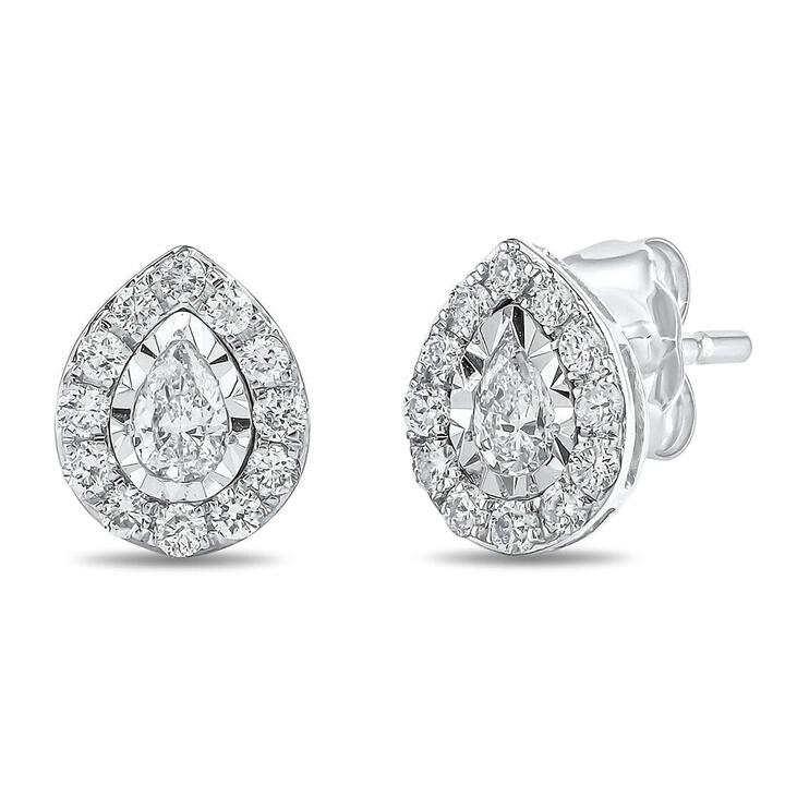 Image of Earrings. Product name - Meera Pear Halo Stud Earrings with 0.35tw of Laboratory-Grown Diamonds in 9kt Yellow Gold in colour by brand - Bevilles