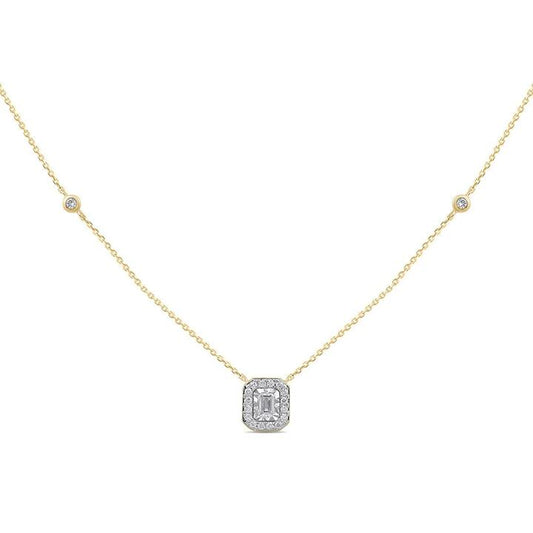 Image of Necklaces. Productname: Meera Emerald Halo Station Necklace with 0.25tw of Laboratory-Grown Diamonds in 9kt Yellow Gold in Diamond colour by brand - Bevilles
