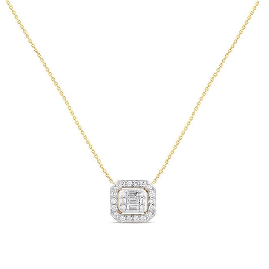 Image of Necklaces. Productname: Meera Emerald Halo Necklace with 1/2ct of Laboratory Grown Diamonds in 9kt Yellow Gold in Diamond colour by brand - Bevilles