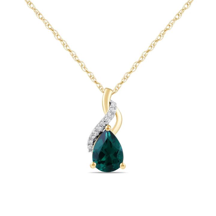 Image of Charms. Product name - 45cm Pear Created Emerald Swirl Diamond Set Necklace in 9kt Yellow Gold in colour by brand - Bevilles