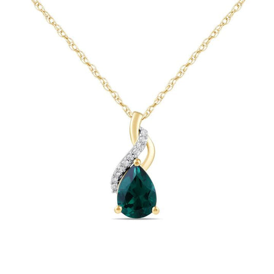 Image of Charms. Product name - 45cm Pear Created Emerald Swirl Diamond Set Necklace in 9kt Yellow Gold in colour by brand - Bevilles