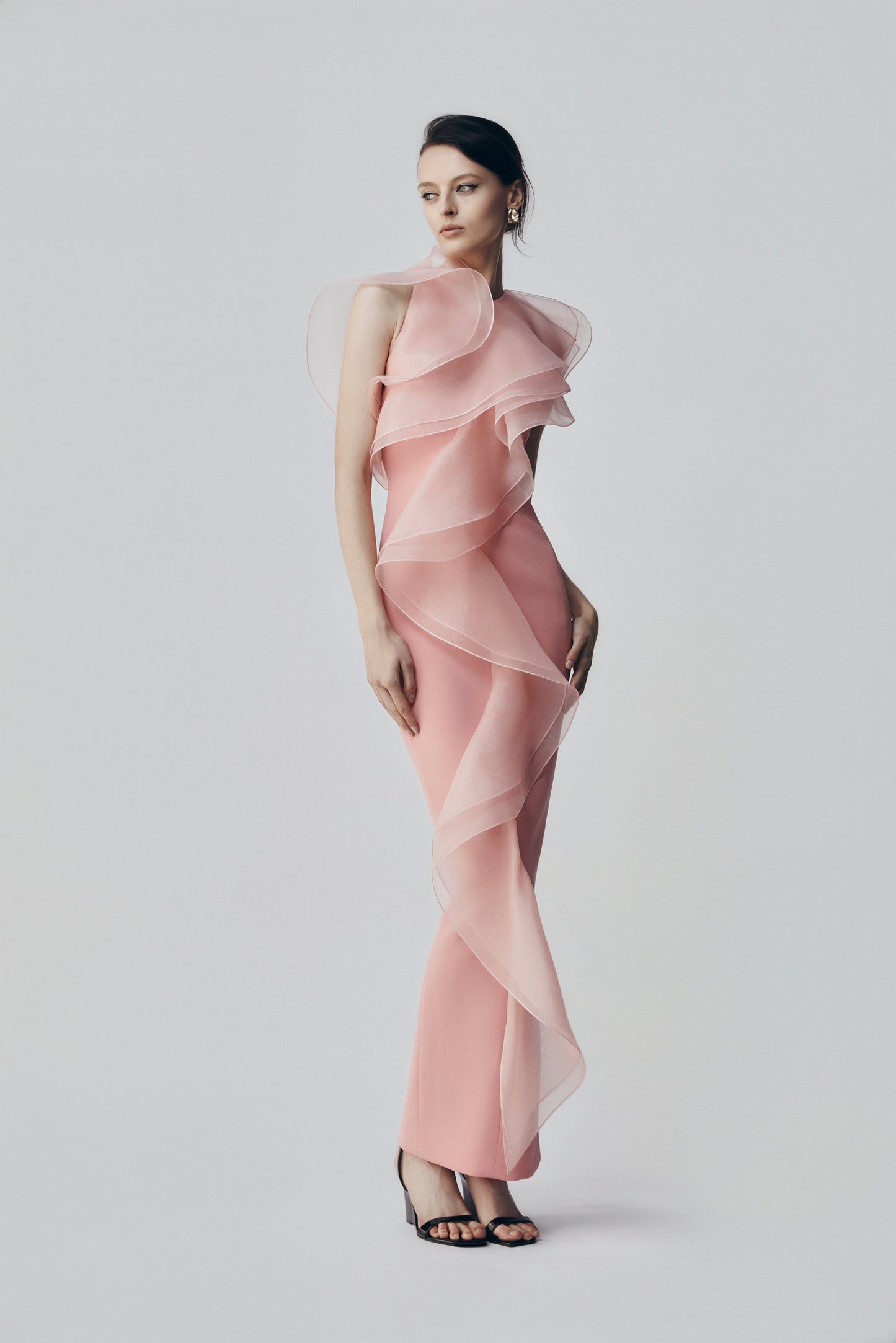 Carla Zampatti Rose Crepe Ruffle Front Gown (Pink)