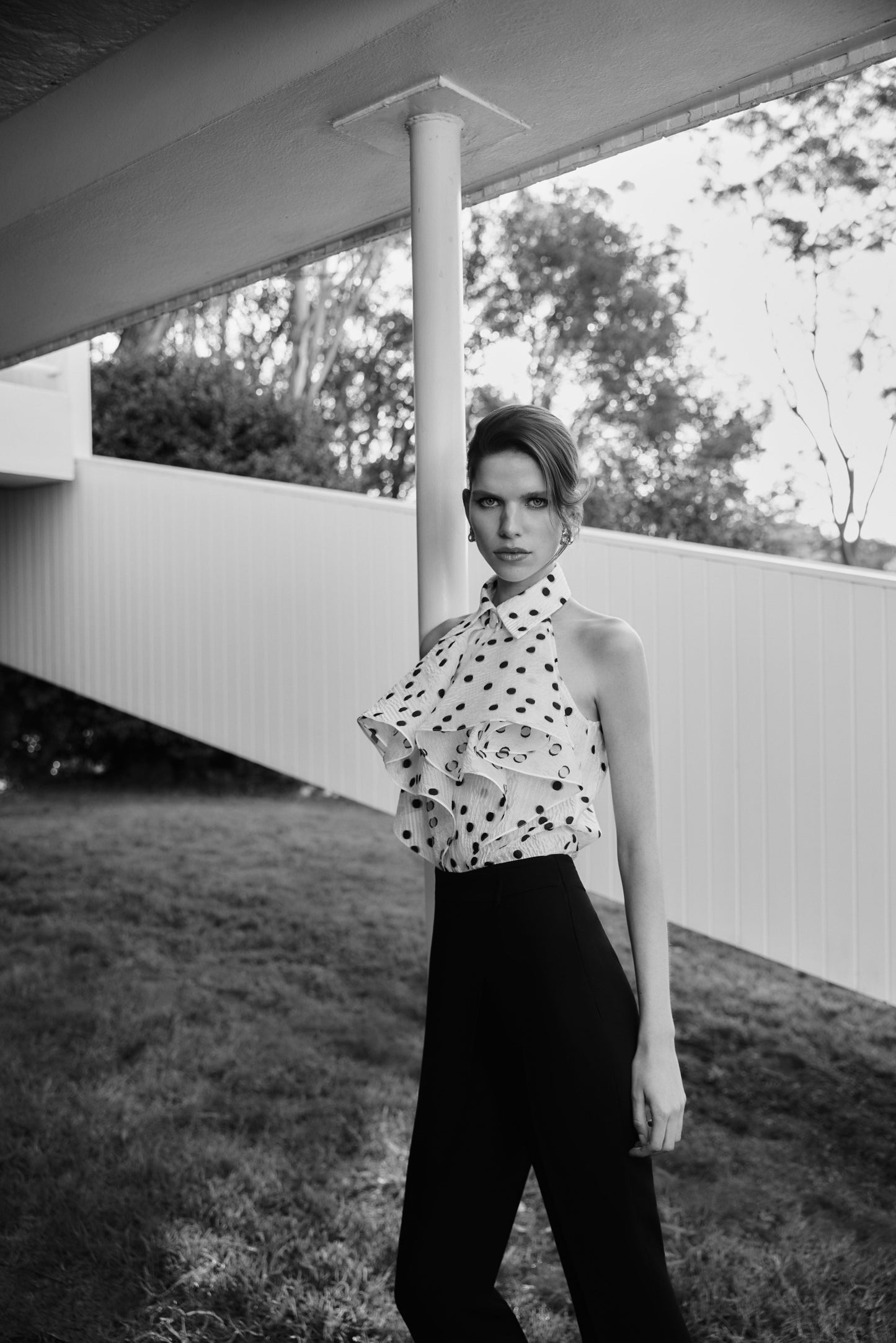 Carla Zampatti And Black Spot Jacquard Sleeveless Ruffle Blouse (White)