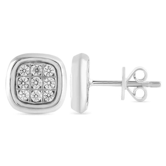 Image of Earrings. Productname: Bezel Set Cushion Look Stud Earrings with 0.10ct of Diamonds in Sterling Silver in Diamond colour by brand - Bevilles