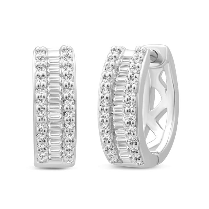 Image of Earrings. Product name - Baguette Channel Huggie Hoop Earrings with 0.20tw of Diamonds in 9kt White Gold in colour by brand - Bevilles