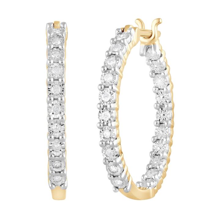 Image of Earrings. Product name - Miracle Inside Out Hoop Earrings with 0.10tw of Diamonds in 9kt Yellow Gold in colour by brand - Bevilles