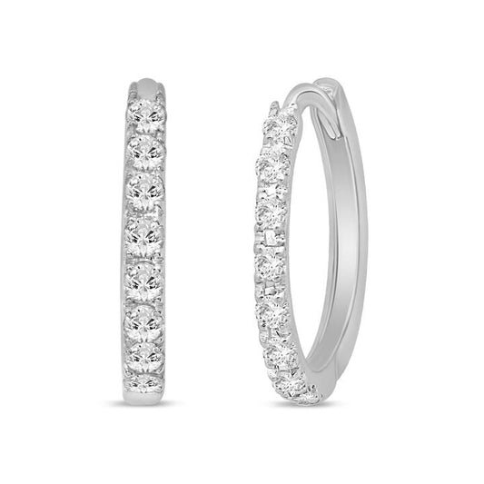 Image of Earrings. Productname: Huggie Hoop Earrings with 1/4ct of Diamonds in 9kt White Gold in Diamond colour by brand - Bevilles