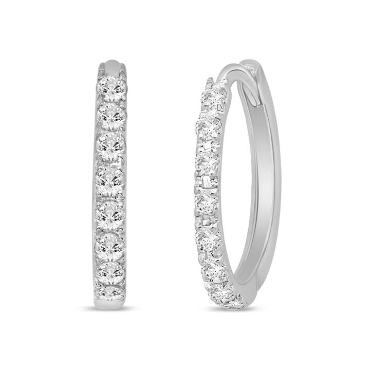 Image of Earrings. Product name - Huggie Hoop Earrings with 0.25tw of Diamonds in 9kt White Gold in colour by brand - Bevilles