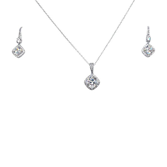 Image of Charms. Productname: Drop Earrings and Cushion Shaped Pendant Necklace with Cubic Zirconia in Sterling Silver Jewellery Set in Silver colour by brand - Bevilles