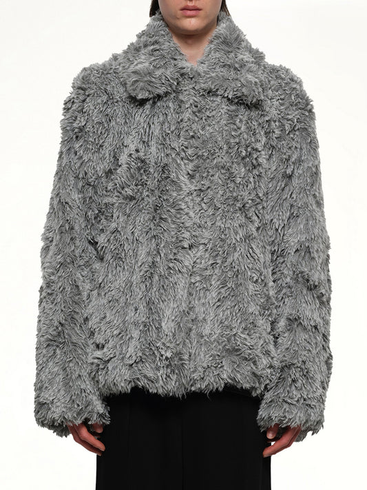 Image of a model wearing Outerwear. Productname: DOUBLET Sinister Mouth Faux Fur Jacket in GREY colour by brand - DOUBLET