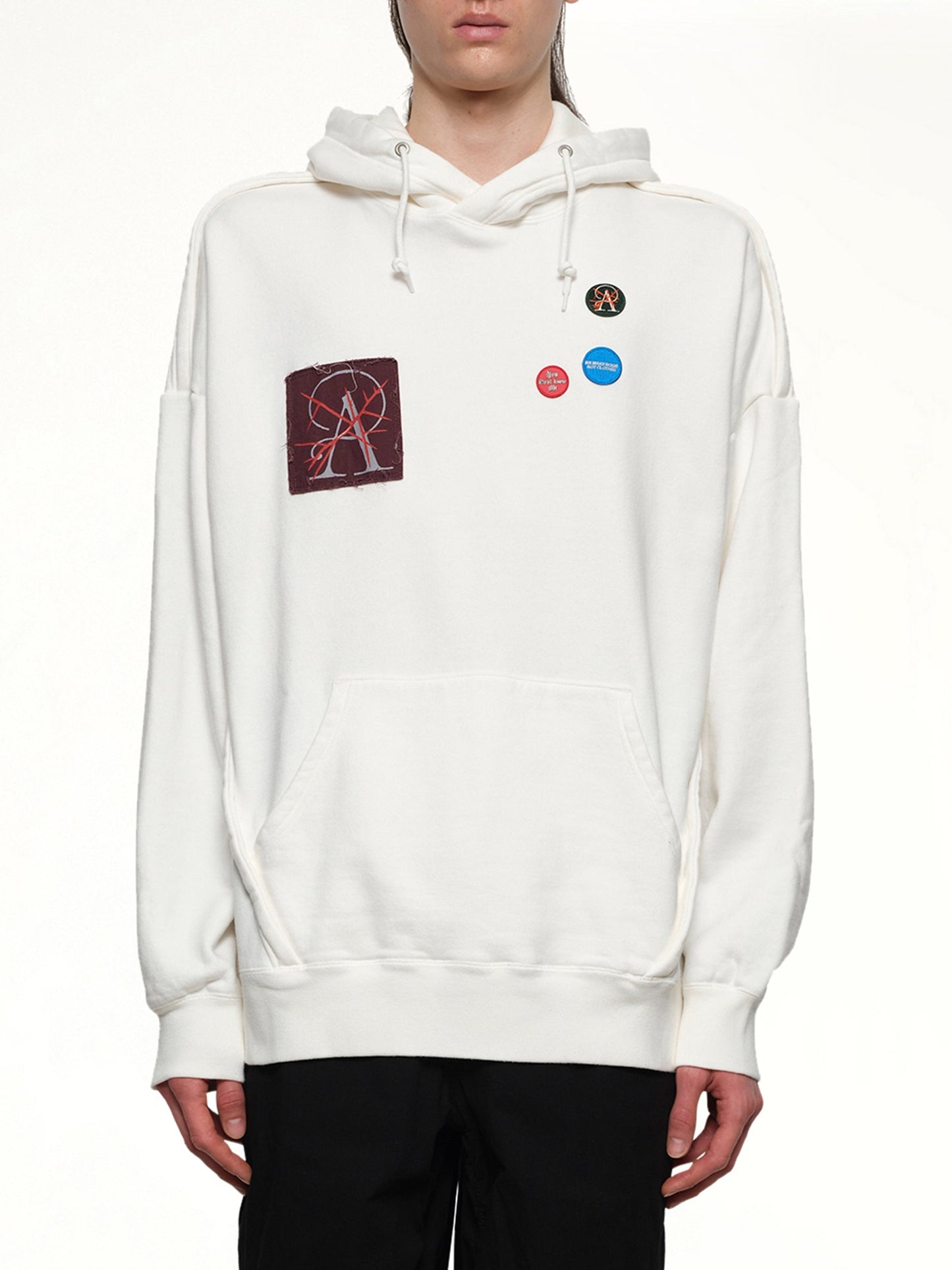 Image of a model wearing Outerwear. Productname: UNDERCOVER Patches Hoodie in WHITE colour by brand - UNDERCOVER