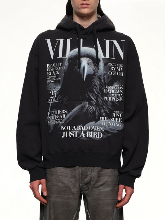 Image of a model wearing Outerwear. Productname: DOUBLET Villain Cover Print Hoodie in BLACK colour by brand - DOUBLET