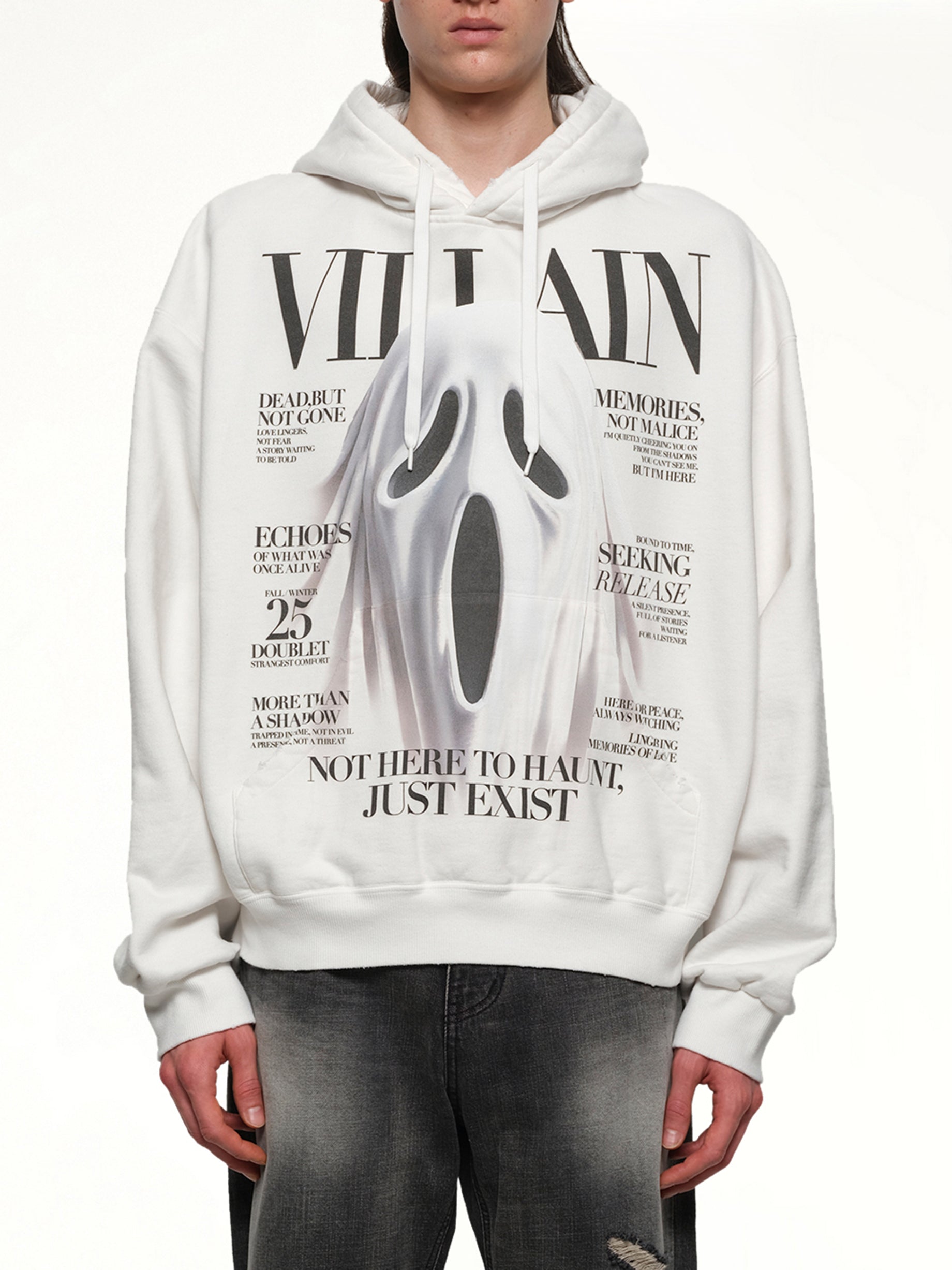 Image of a model wearing Outerwear. Productname: DOUBLET Villain Cover Print Hoodie in WHITE colour by brand - DOUBLET