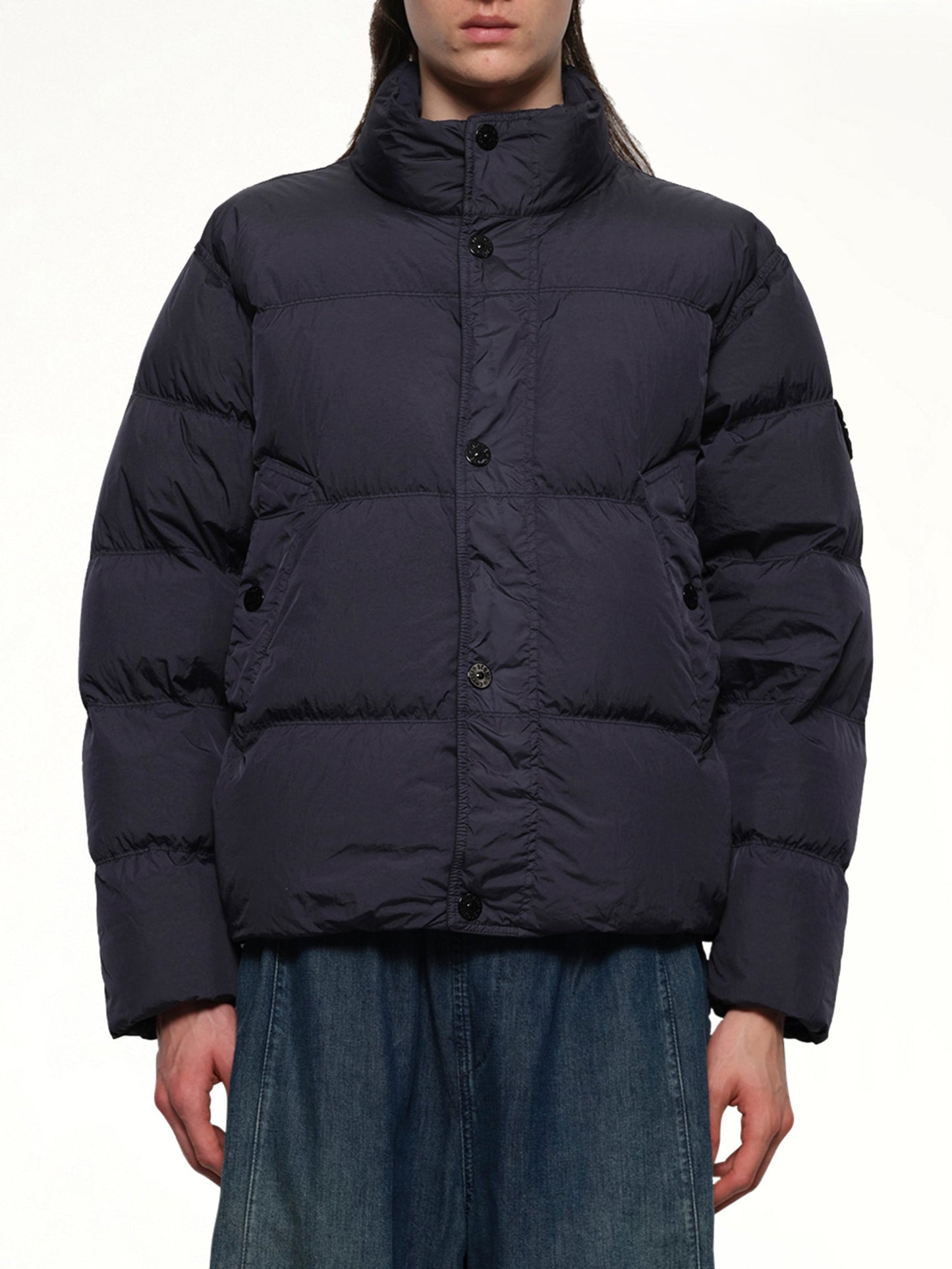 Image of Coats & Jackets. Product name - 410001 Garment Dyed Crinkle Nylon Down in Navy colour by brand - STONE ISLAND
