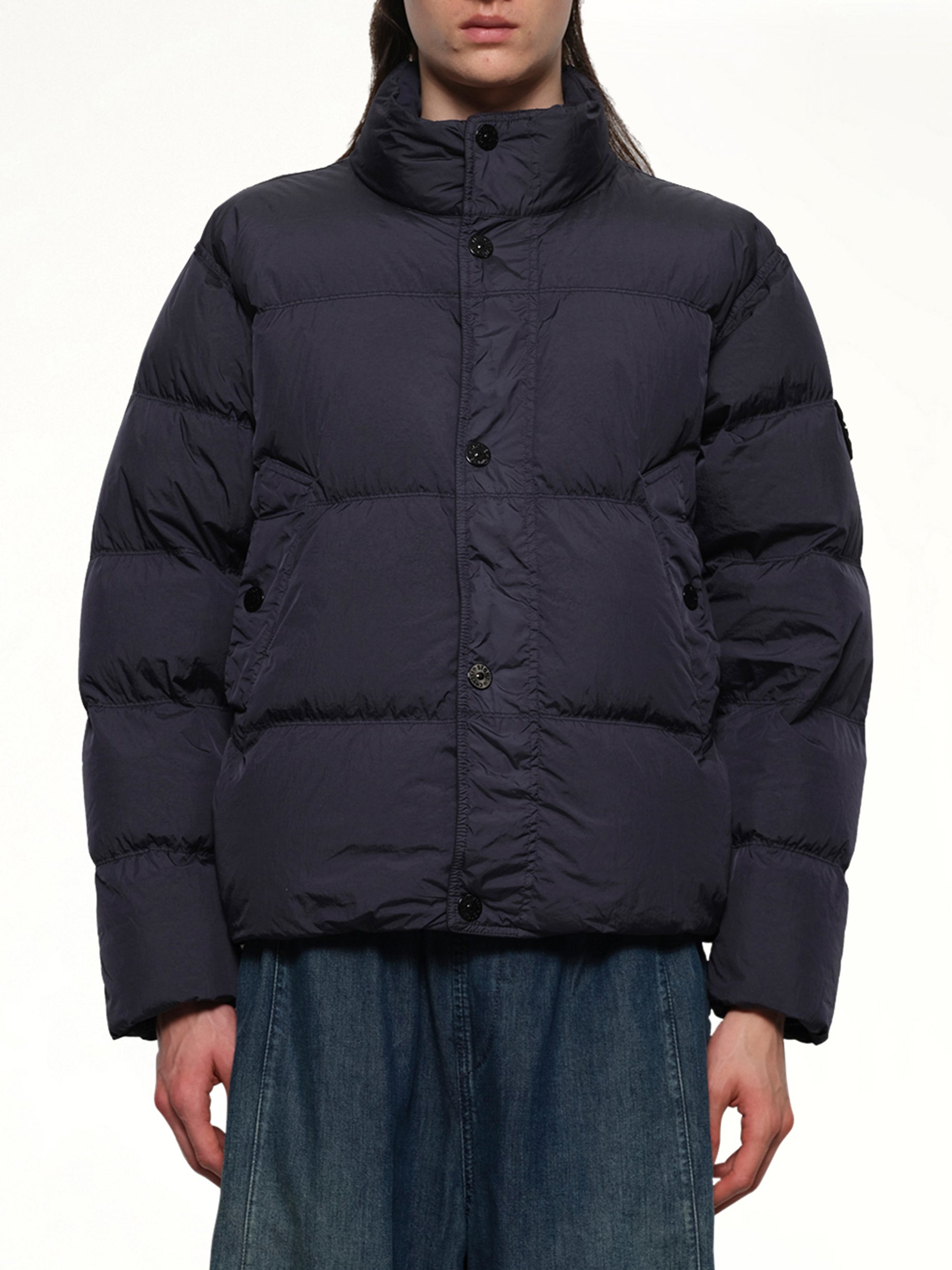 Image of Coats & Jackets. Product name - 410001 Garment Dyed Crinkle Nylon Down in Navy colour by brand - STONE ISLAND