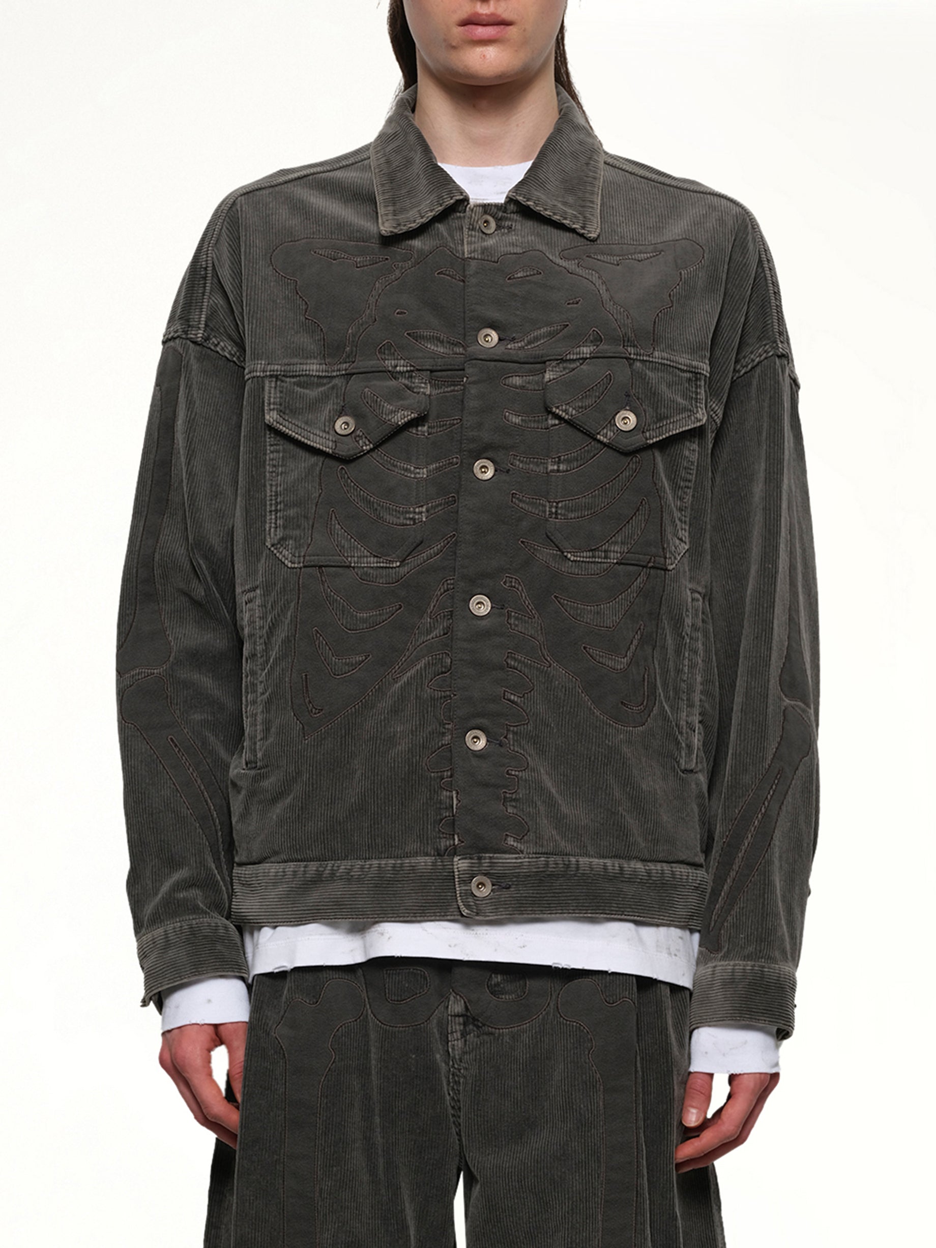 Image of Coats & Jackets. Productname: DOUBLET Bone Applique Corduroy Jacket in GREY colour by brand - DOUBLET