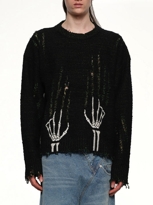 Image of a model wearing Outerwear. Productname: DOUBLET Skelton Scratch Knit Pullover in BLACK colour by brand - DOUBLET