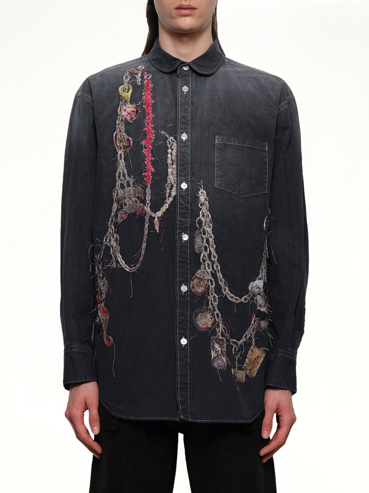 Image of a model wearing Tops. Productname: DOUBLET Embroidered Chain Shirt in GREY colour by brand - DOUBLET
