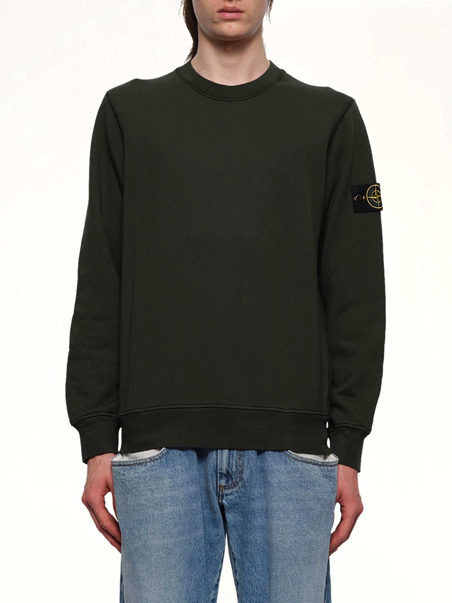 Image of a model wearing Outerwear. Product name - 610006 Crewneck Sweatshirt in Juniper colour by brand - STONE ISLAND