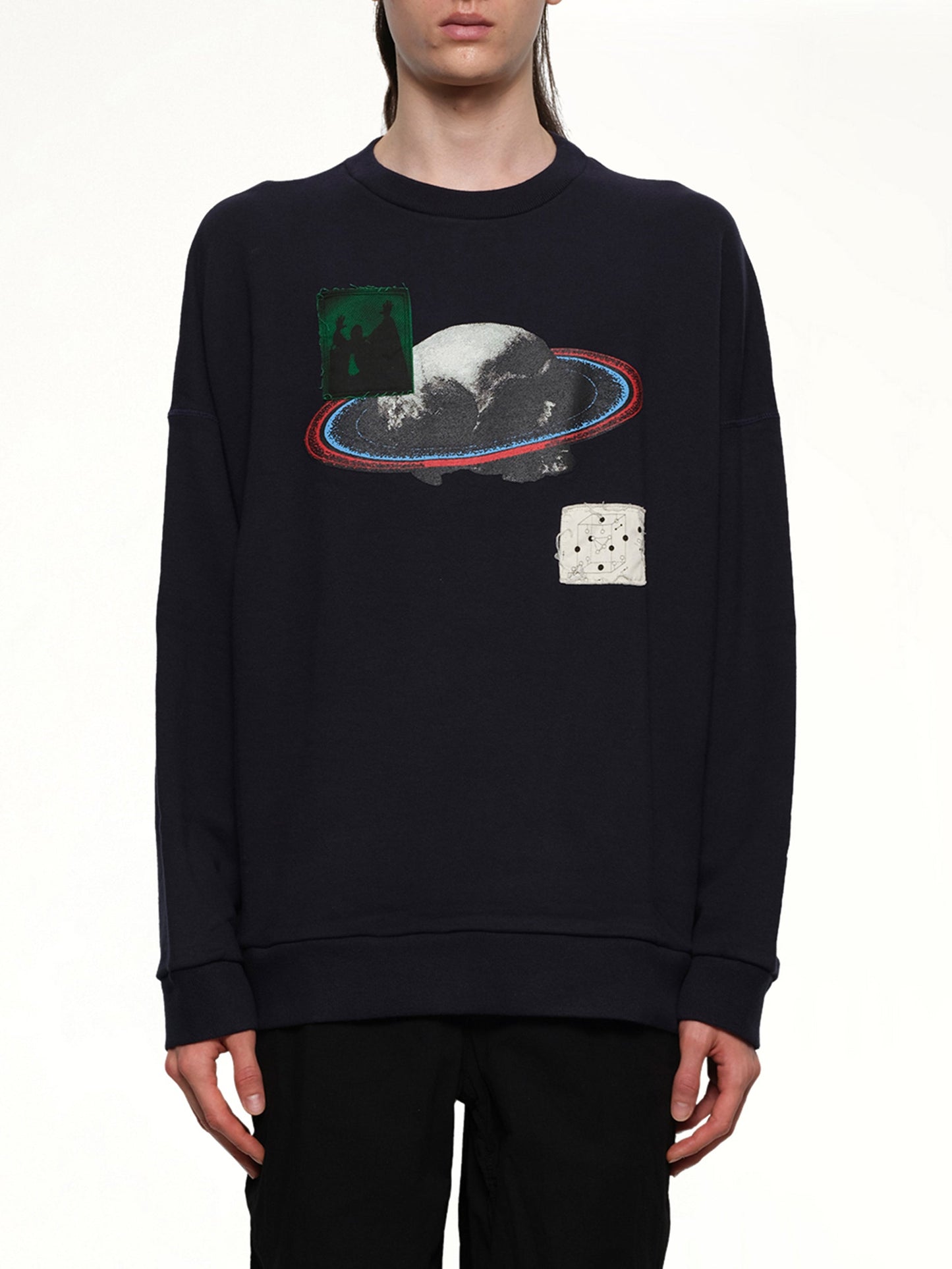 Image of a model wearing Outerwear. Productname: UNDERCOVER Graphic Patches Sweatshirt in NAVY colour by brand - UNDERCOVER