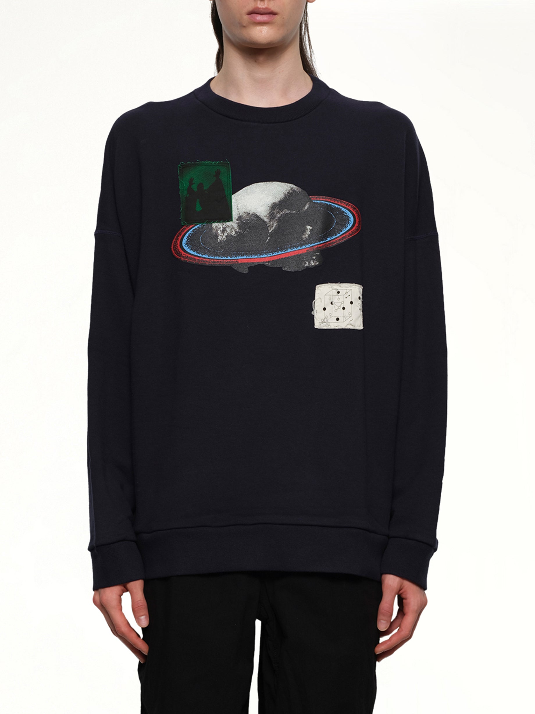 Image of a model wearing Outerwear. Productname: UNDERCOVER Graphic Patches Sweatshirt in NAVY colour by brand - UNDERCOVER