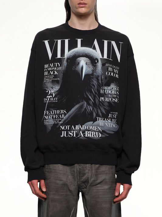 Image of a model wearing Outerwear. Productname: DOUBLET Villain Cover Print Sweat Shirt in BLACK colour by brand - DOUBLET
