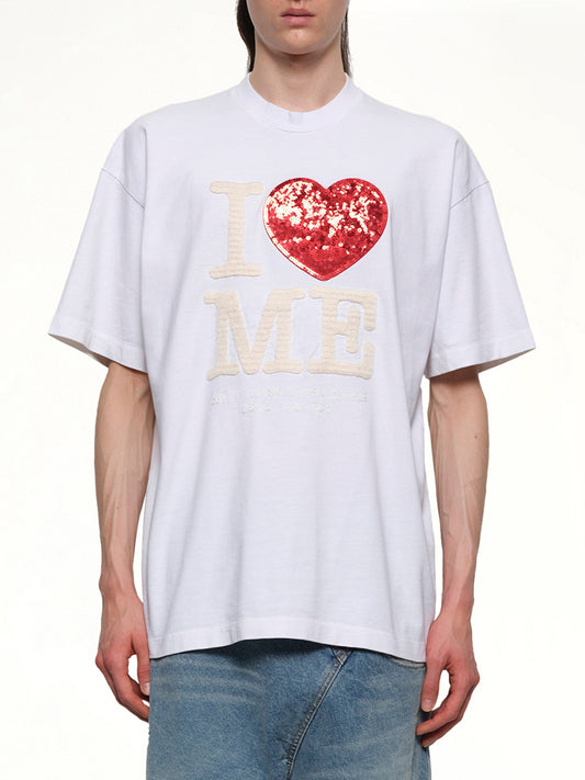 Image of a model wearing Tops. Productname: DOUBLET Grip-Love T-Shirt in WHITE colour by brand - DOUBLET