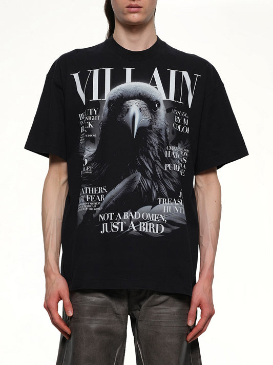 Image of a model wearing Tops. Productname: DOUBLET Villain Cover Print T-Shirt in BLACK colour by brand - DOUBLET