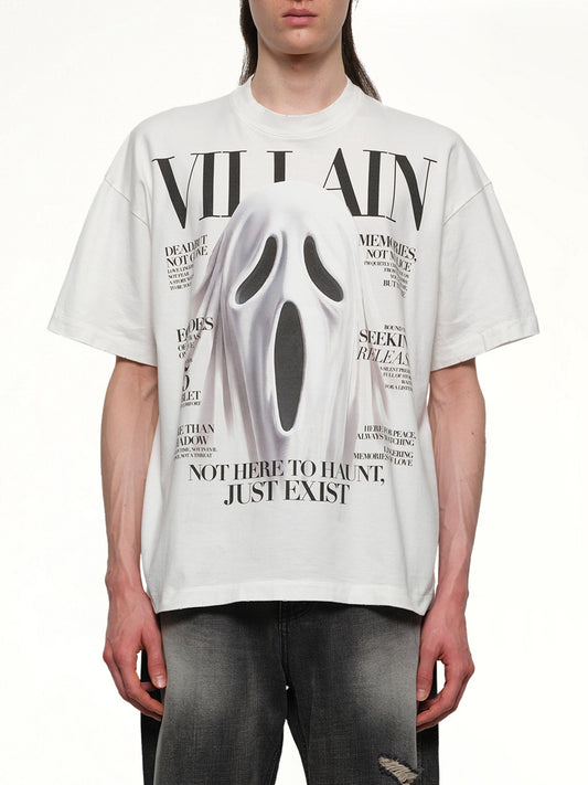 Image of a model wearing Tops. Productname: DOUBLET Villain Cover Print T-Shirt in WHITE colour by brand - DOUBLET