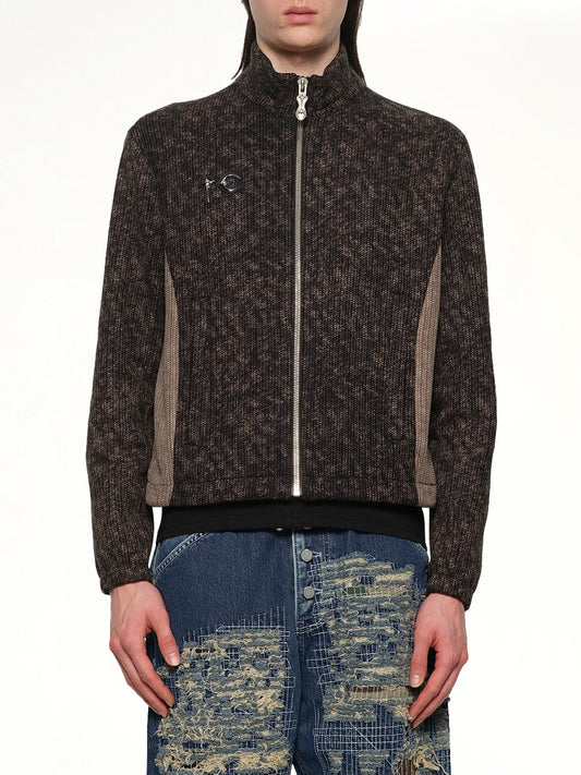 Image of a model wearing Outerwear. Productname: THUG CLUB Devil Peace Patch Knit Jacket in Black colour by brand - THUG CLUB