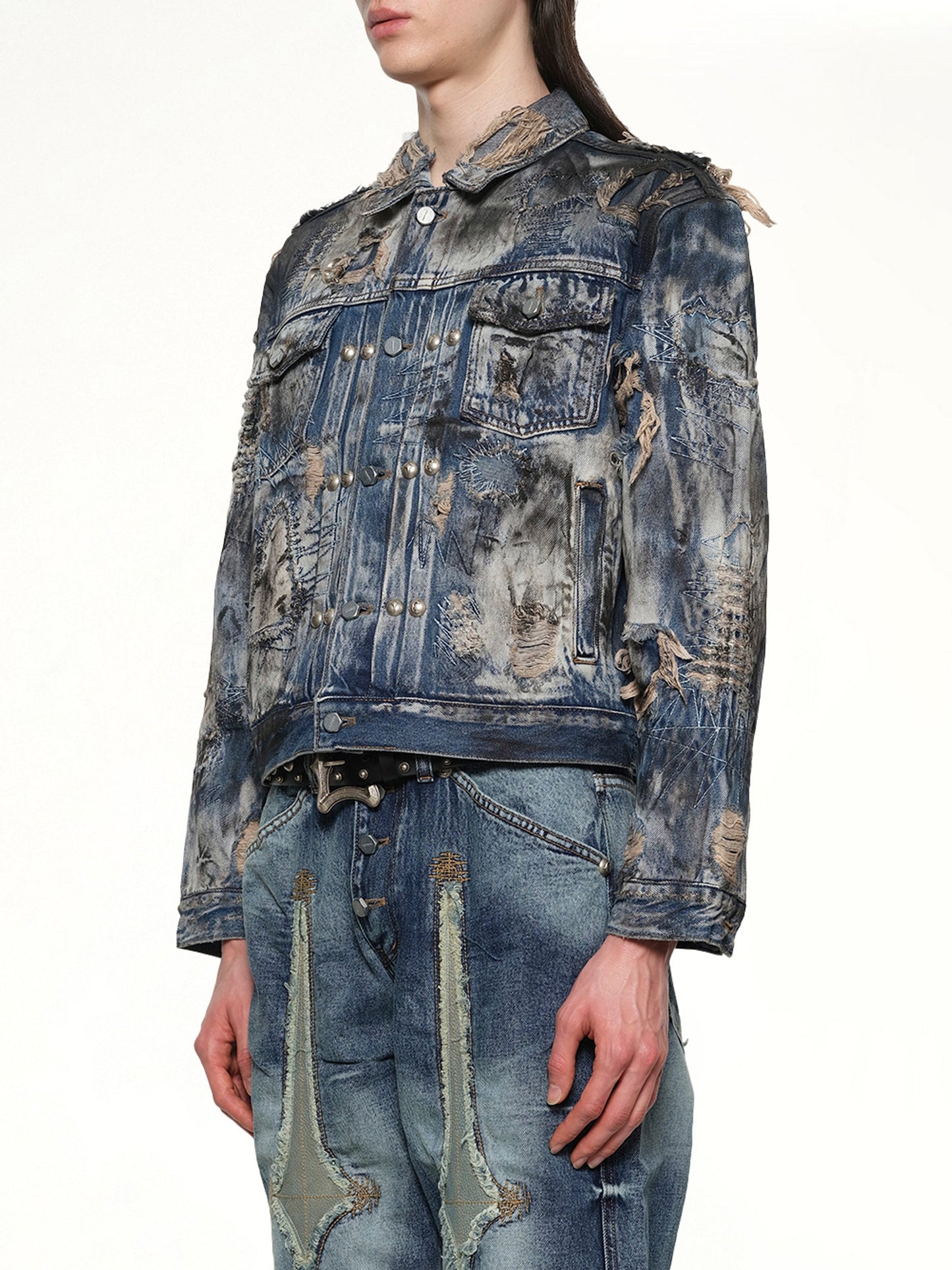 THUG CLUB Hard-Washed Damaged Denim Jacket (Blue)