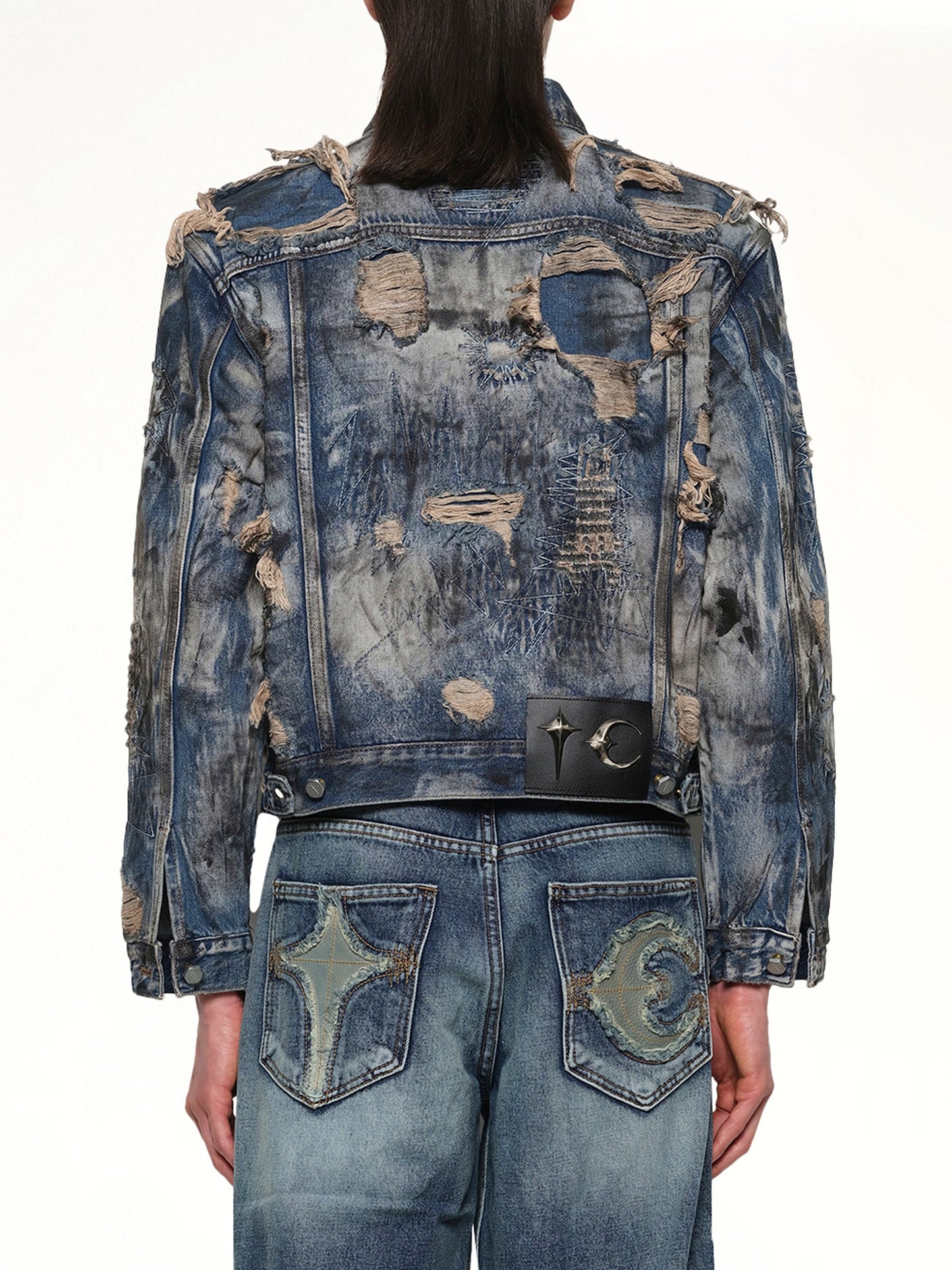 THUG CLUB Hard-Washed Damaged Denim Jacket (Blue)