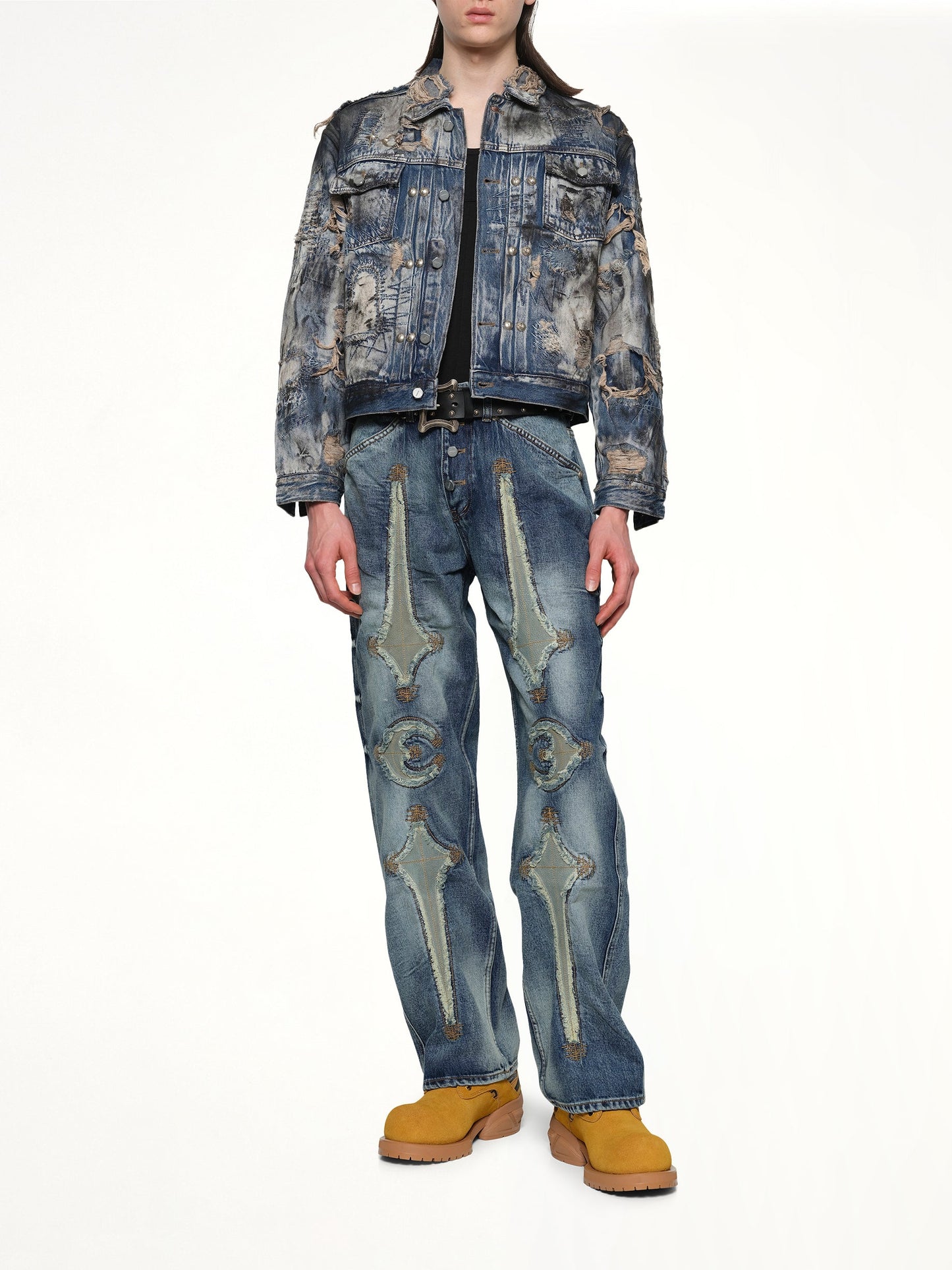 THUG CLUB Hard-Washed Damaged Denim Jacket (Blue)