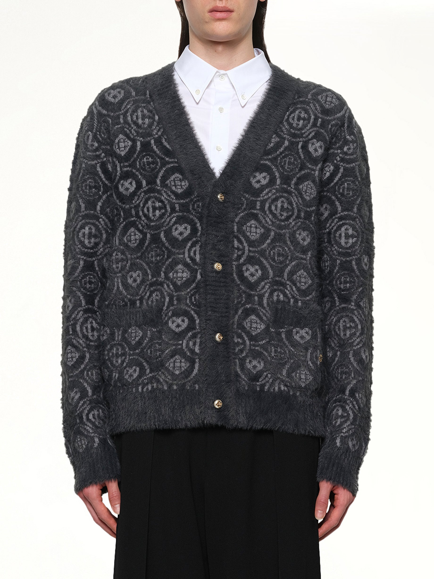 Image of a model wearing Outerwear. Productname: CASABLANCA Fluffy Monogram Knit Cardigan in GREY colour by brand - CASABLANCA