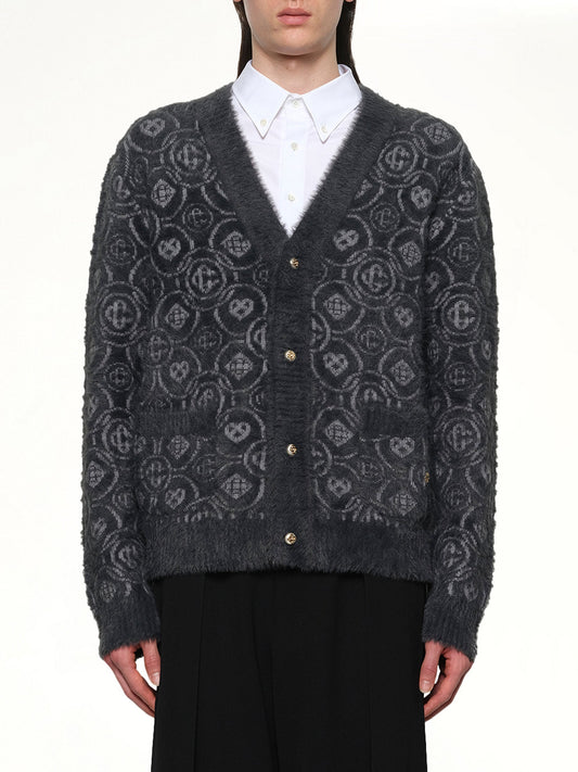 Image of a model wearing Outerwear. Productname: CASABLANCA Fluffy Monogram Knit Cardigan in GREY colour by brand - CASABLANCA
