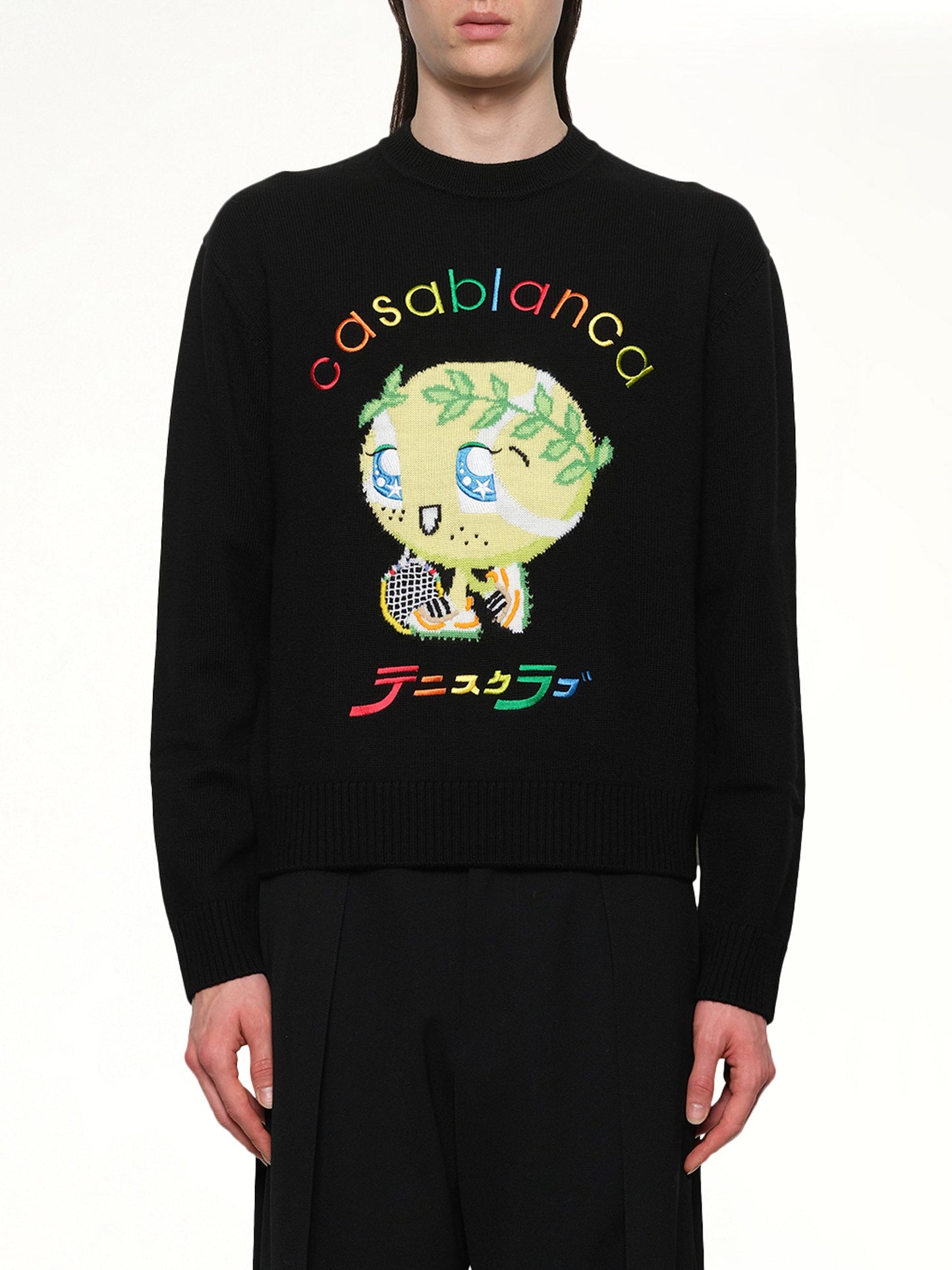 Image of a model wearing Outerwear. Productname: CASABLANCA Kawaii Tennis Boy Knit Sweater in BLACK colour by brand - CASABLANCA