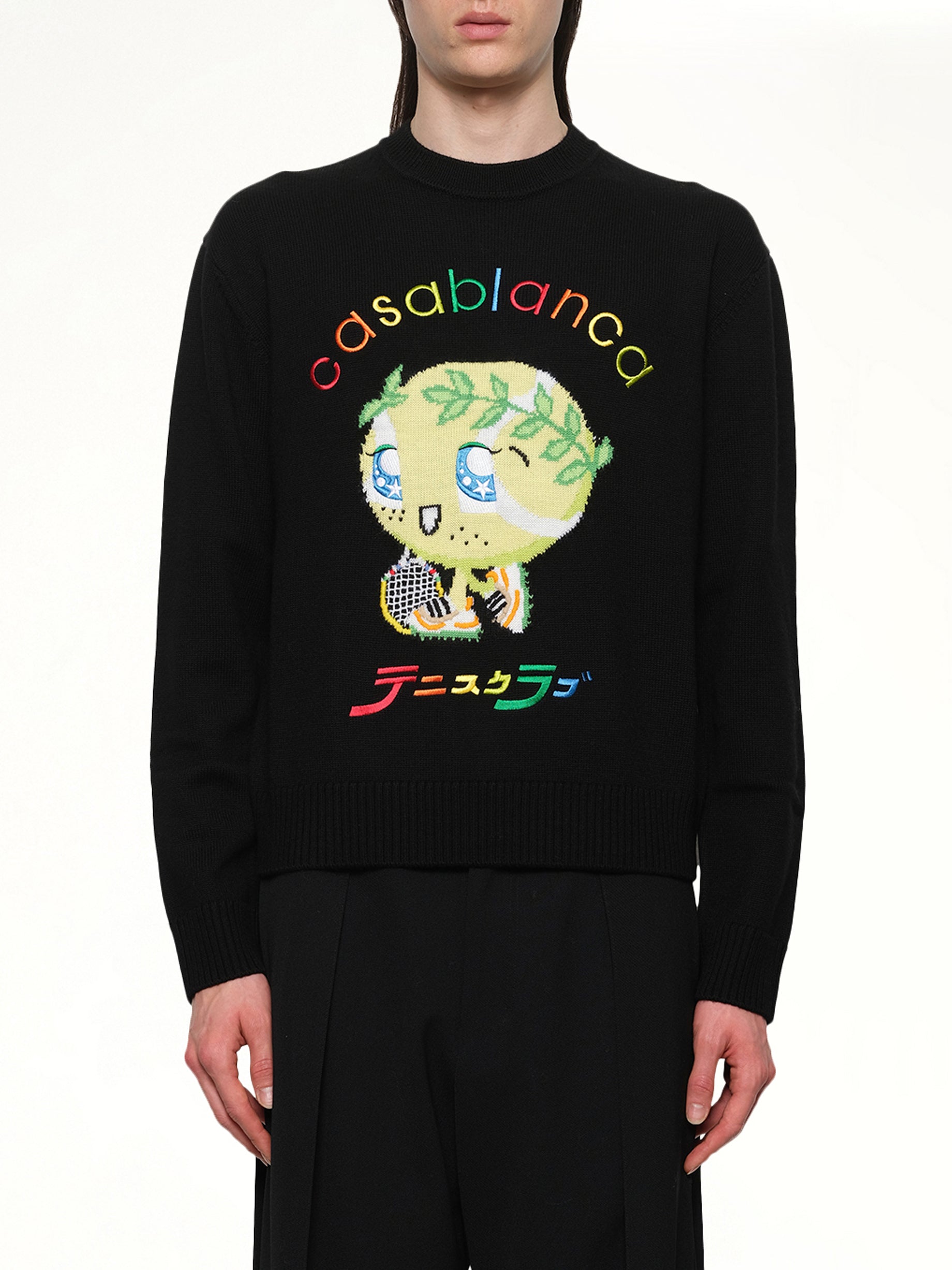 Image of a model wearing Outerwear. Productname: CASABLANCA Kawaii Tennis Boy Knit Sweater in BLACK colour by brand - CASABLANCA