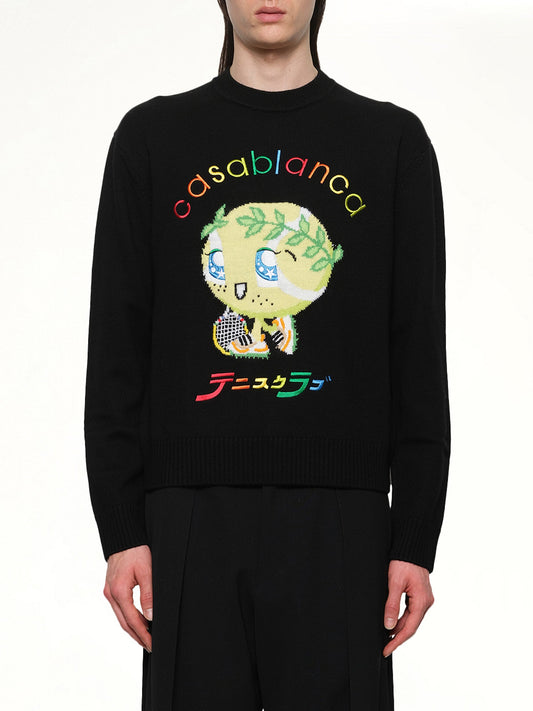 Image of a model wearing Outerwear. Productname: CASABLANCA Kawaii Tennis Boy Knit Sweater in BLACK colour by brand - CASABLANCA