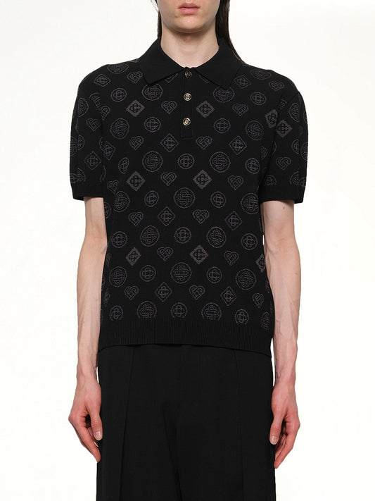 Image of a model wearing Tops. Productname: CASABLANCA City Jacquard Polo in BLACK colour by brand - CASABLANCA