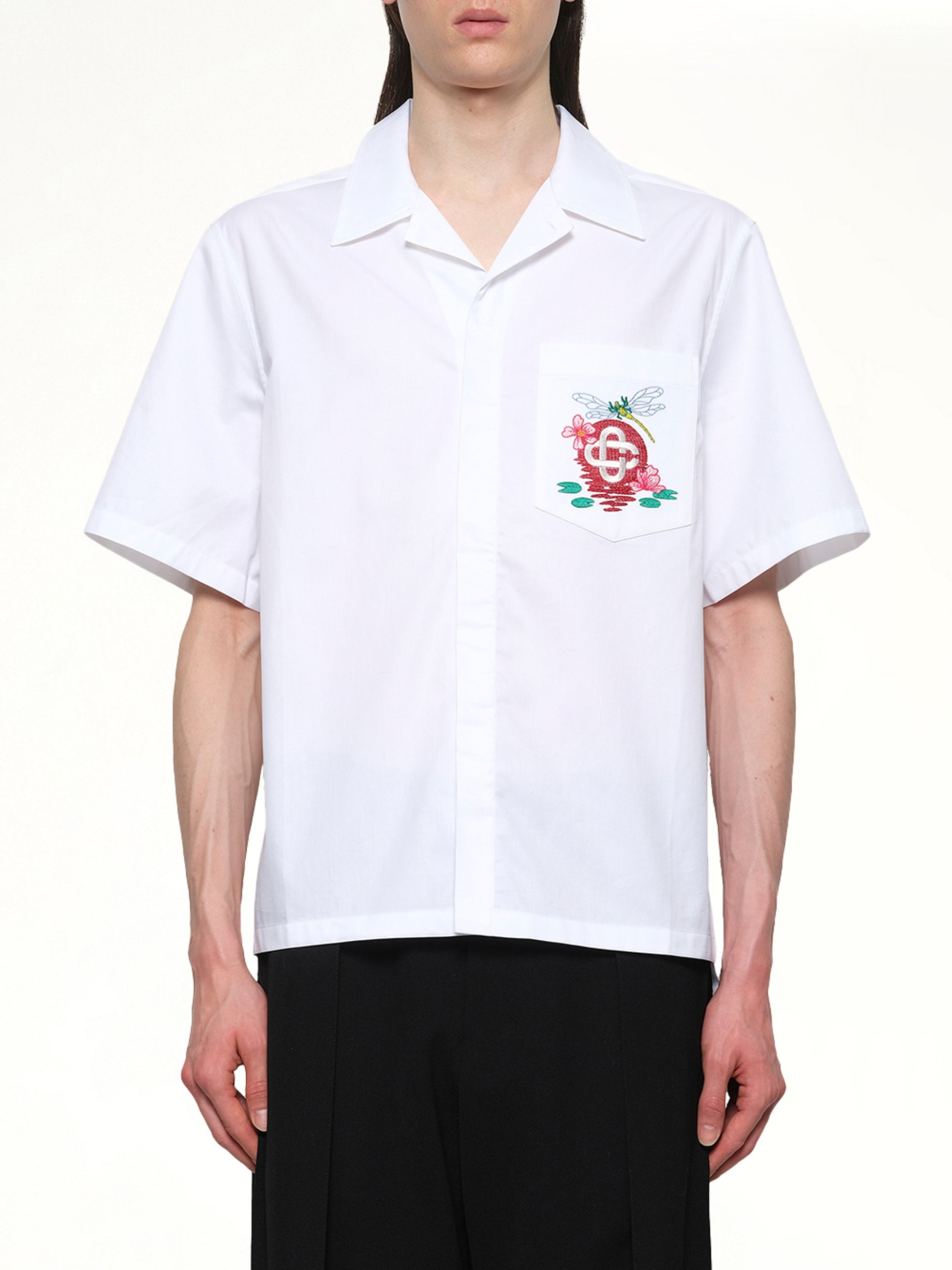 Image of a model wearing Tops. Productname: CASABLANCA Dragonfly Floral Shirt in WHITE colour by brand - CASABLANCA