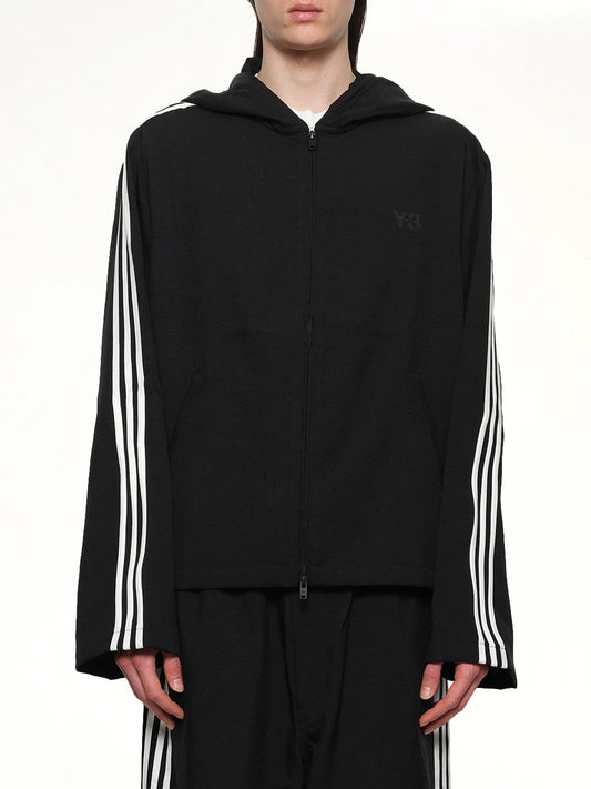 Image of a model wearing Tops. Productname: Y-3 Hooded Track Top 3-Stripes in Black colour by brand - Y-3