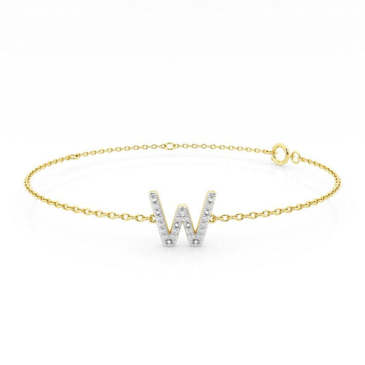 Image of Bracelets. Productname: Brilliant Claw Initial W Slider Chain Bracelet with 0.05ct of Diamonds in 9kt Yellow Gold in Diamond colour by brand - Bevilles