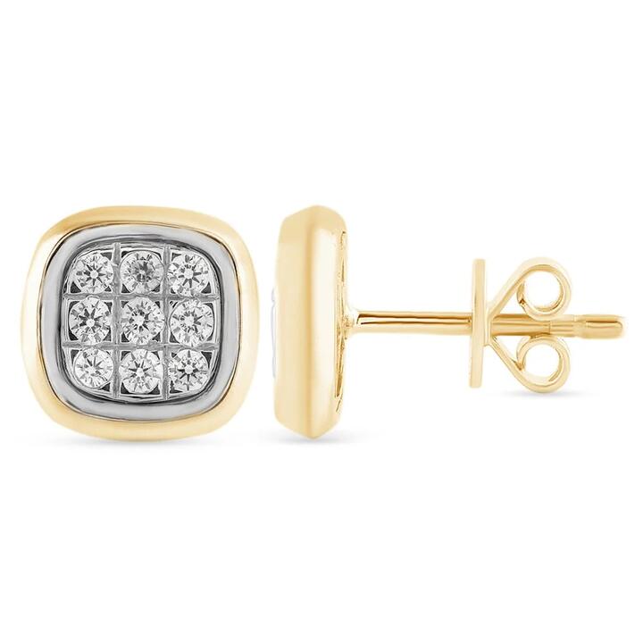 Image of Earrings. Productname: Cushion Stud Earrings with 0.10ct of Diamonds in 9kt Yellow Gold in Diamond colour by brand - Bevilles