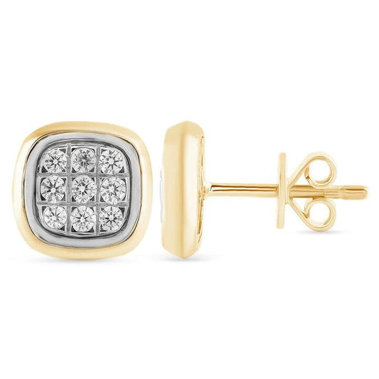 Image of Earrings. Productname: Cushion Stud Earrings with 0.10ct of Diamonds in 9kt Yellow Gold in Diamond colour by brand - Bevilles
